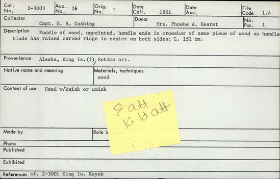 Documentation associated with Hearst Museum object titled Paddle, accession number 2-3003, described as Paddle of wood, unpainted, hnadle ends in crossbar of same piece of wood as handle blade has raised carved ridge in center on both sides.