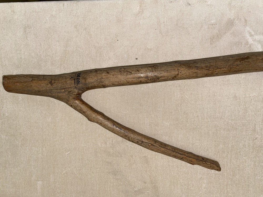 Hearst Museum object titled Hook, accession number 1-10332, described as Wooden, long, with handle.