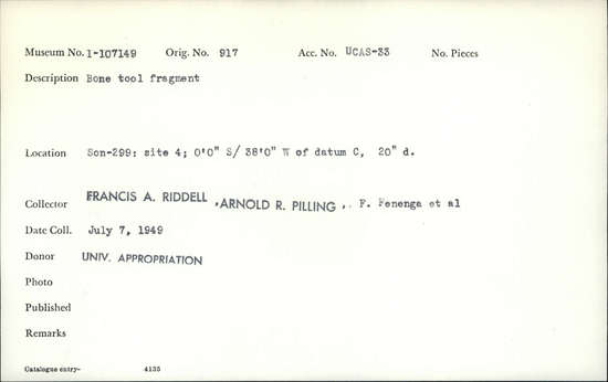 Documentation associated with Hearst Museum object titled Worked bone, accession number 1-107149, described as Bone.