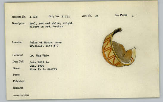 Documentation associated with Hearst Museum object titled Bowl, accession number 4-212, described as Bowl, red and white, slight figure in red; broken