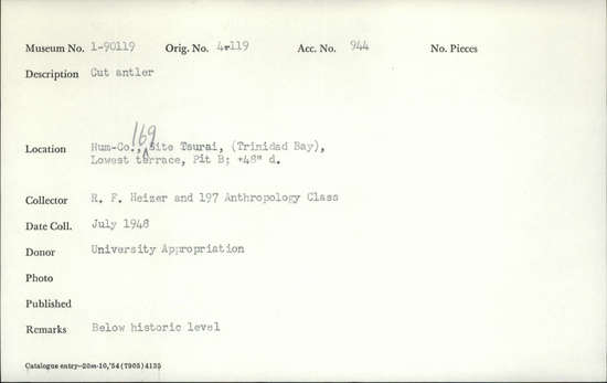 Documentation associated with Hearst Museum object titled Antler, accession number 1-90119, described as Cut, below historic level