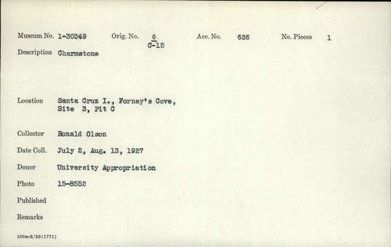 Documentation associated with Hearst Museum object titled Charmstone, accession number 1-30349, described as Charmstone.