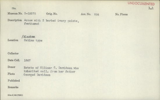 Documentation associated with Hearst Museum object titled Arrow, accession number 2-19375, described as 2 barbed ivory points, feathered.