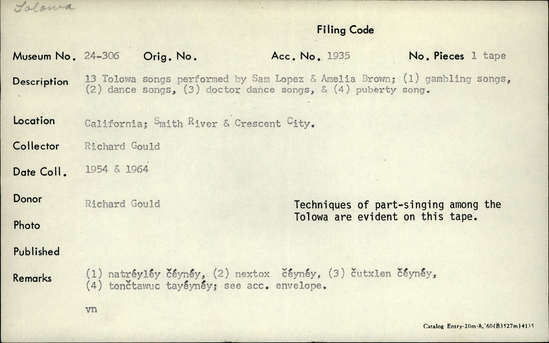 Documentation associated with Hearst Museum object titled Audio recording, accession number 24-306.NW#15.A.12, described as Girl's Puberty Song