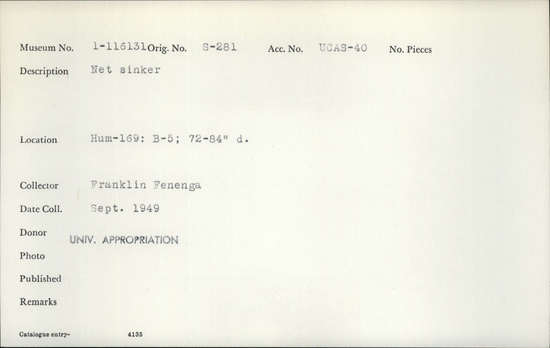 Documentation associated with Hearst Museum object titled Sinker (fishing), accession number 1-116131, described as Net