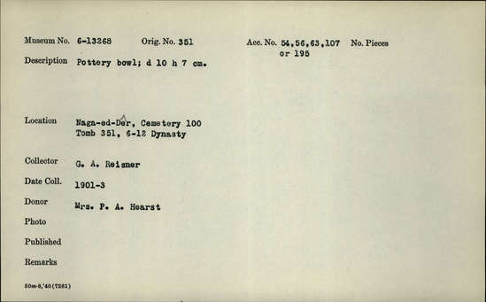 Documentation associated with Hearst Museum object titled Bowl, accession number 6-13268, described as Pottery bowl; diameter 10 cm, height 7 cm.