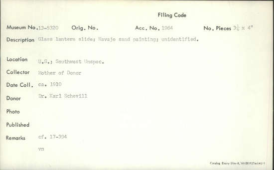 Documentation associated with Hearst Museum object titled Glass lantern slide, accession number 13-5320, described as Glass lantern slide; Navajo sand painting; unidentified