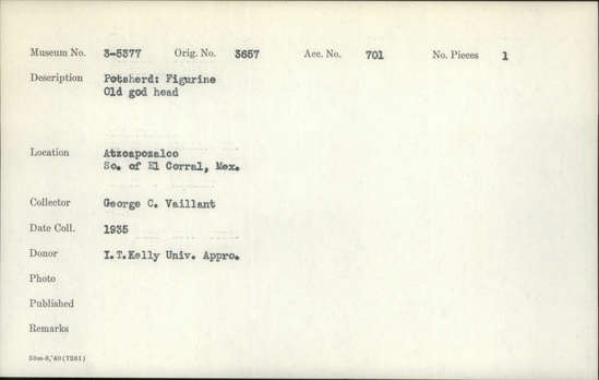 Documentation associated with Hearst Museum object titled Potsherd, accession number 3-5377, described as Potsherd: Figurine, Old god head.