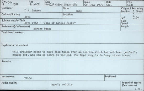 Documentation associated with Hearst Museum object titled Audio recording, accession number 24-2594, described as Hopi Song: "Game of Little Folks