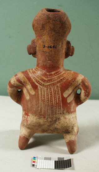 Hearst Museum object 2 of 2 titled Figurine, accession number 3-3661, described as Red pottery effigy painted white, representing woman with armlets; legs broken off