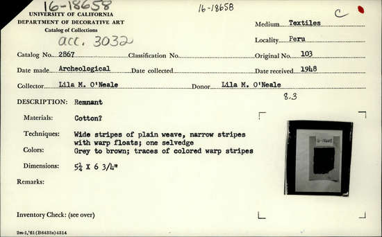 Documentation associated with Hearst Museum object titled Textile fragment, accession number 16-18658, no description available.