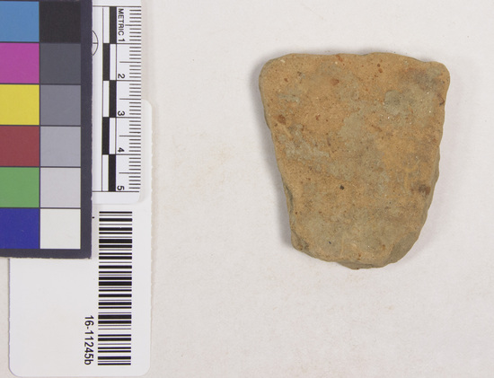 Hearst Museum object 3 of 4 titled Potsherd, accession number 16-11245b, described as Sherds, thick, soft, yellow-gray; little temper, fine with occasional large pieces of pottery, 1 neck or rim, 2 body.