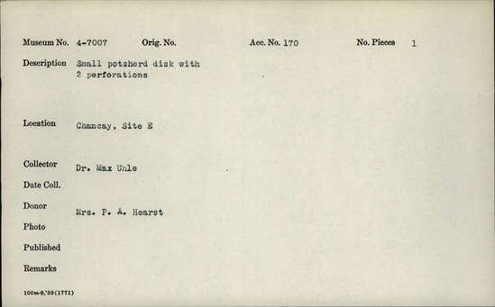 Documentation associated with Hearst Museum object titled Disk, accession number 4-7007, no description available.