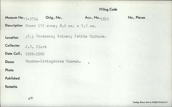 Documentation associated with Hearst Museum object titled Core, accession number 5-3744, described as Chert (?) core; 8.0 x 7.7 cm