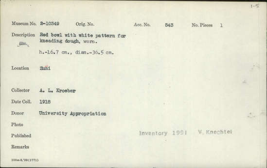 Documentation associated with Hearst Museum object titled Bowl, accession number 2-10349, described as Red bowl with white pattern for kneading dough, worn.