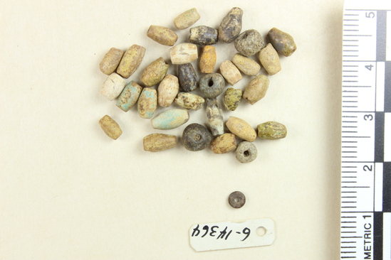 Hearst Museum object 12 of 28 titled Beads, accession number 6-14364, described as Beads: 8 shell tubular; 33 shell barrel-shaped; 1 striped barrel-shaped; 4 black