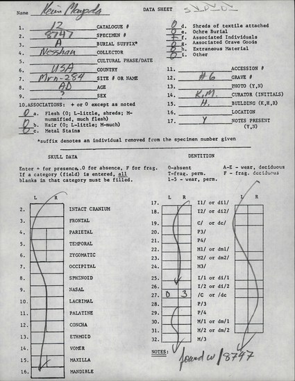 Documentation associated with Hearst Museum object titled Human remains, accession number 12-8747A, described as Remains of one adult, sex unknown.