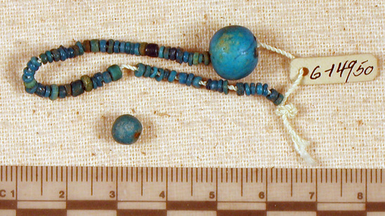 Hearst Museum object titled Beads, accession number 6-14950, described as Beads: 3 blue spherical, small blue discs