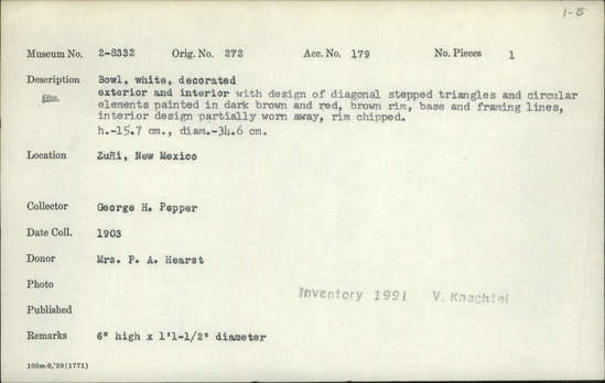 Documentation associated with Hearst Museum object titled Bowl, accession number 2-8332, described as White, decorated exterior and interior with design of diagonal stepped triangles and circular elements painted in dark brown and red, brown rim, base and framing lines, interior design partially worn away, rim chipped.