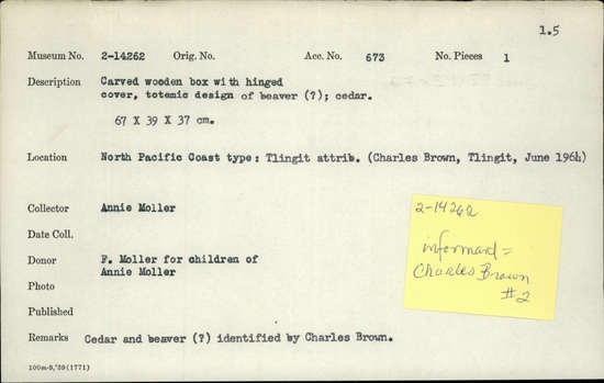 Documentation associated with Hearst Museum object titled Box, accession number 2-14262a,b, described as Carved, wooden, with hinged cover. Totemic design of beaver (?). Cedar. Design and wood type identified by Charles Brown.
