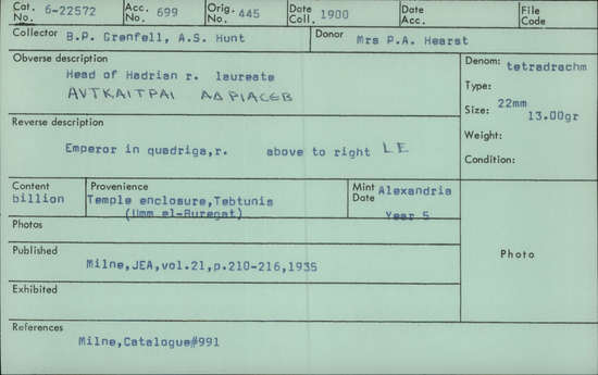 Documentation associated with Hearst Museum object titled Coin: billon tetradrachm, accession number 6-22572, described as Head of Hadrian, r. laureate