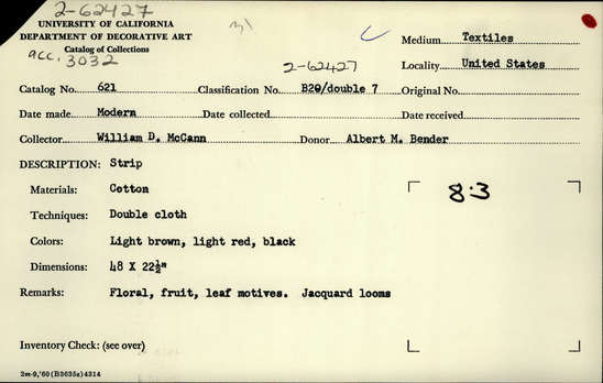 Documentation associated with Hearst Museum object titled Textile, accession number 2-62427, described as Strip; cotton, double cloth, colors light brown, light red, and black, floral, fruit and leaf motives, Jacquard looms