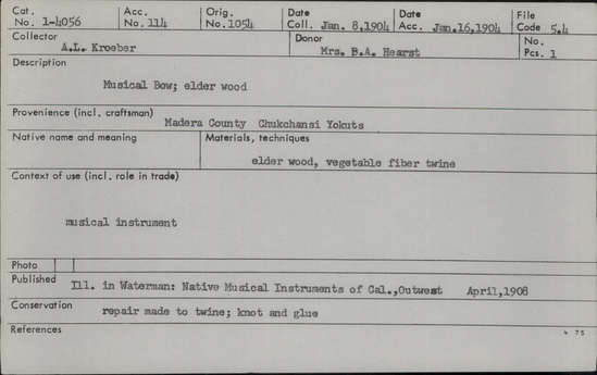 Documentation associated with Hearst Museum object titled Musical bow, accession number 1-4056, described as Musical bow.