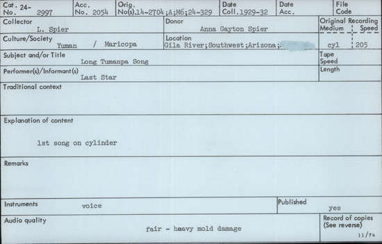 Documentation associated with Hearst Museum object titled Audio recording, accession number 24-2997, described as Long Tumanpa Song