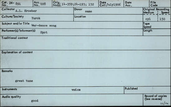 Documentation associated with Hearst Museum object titled Audio recording, accession number 24-891, described as War Dance Song