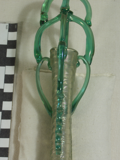 Hearst Museum object 3 of 3 titled Twin flask and hanger, accession number 8-116, described as Twin flask and hanger (modern reproduction of Roman glass)