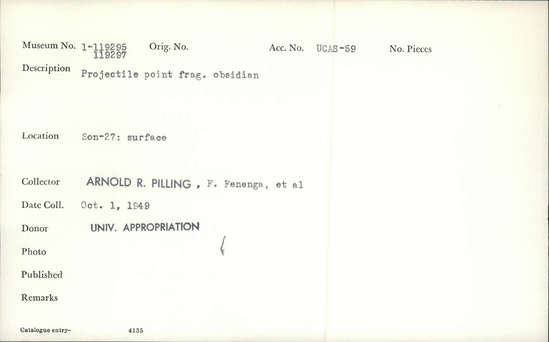 Documentation associated with Hearst Museum object titled Projectile point, accession number 1-119297, described as Projectile point fragment, obsidian