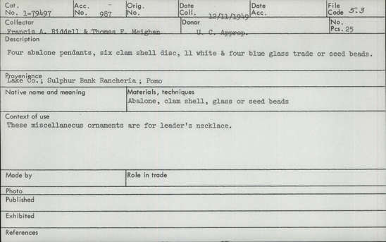 Documentation associated with Hearst Museum object titled Pendants, accession number 1-79497, described as Four abalone pendants, six clam shell discs, eleven white and four blue glass trade or seed beads.