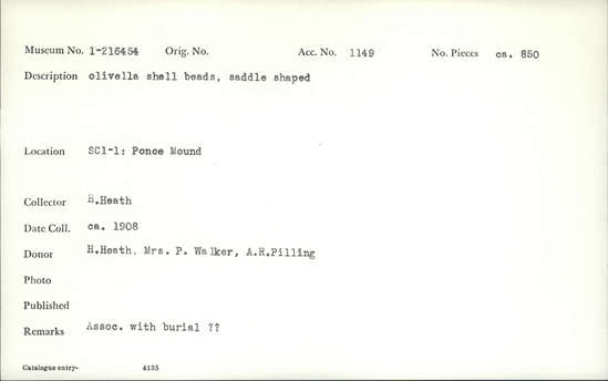 Documentation associated with Hearst Museum object titled Bead, accession number 1-216454, described as Normal olivella saddle shaped saucer beads;  G2  (B&H:  132)