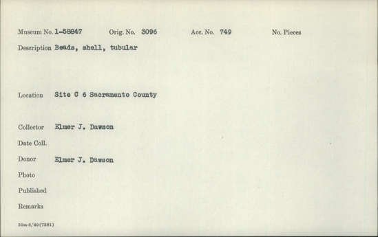 Documentation associated with Hearst Museum object titled Beads, accession number 1-58847, described as Shell, tubular