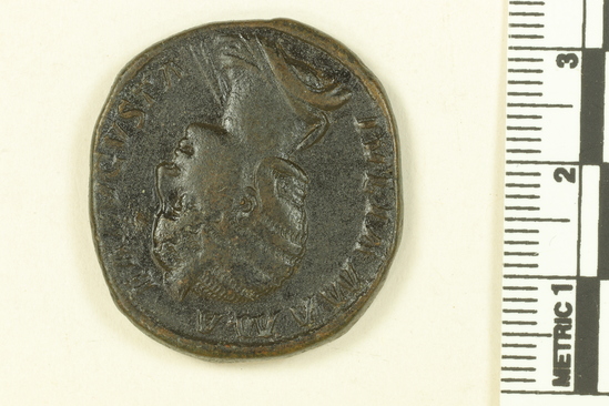 Hearst Museum object 1 of 2 titled Coin: æ sestertius, accession number 8-9452, described as Æ sestertius.  Julia Mamaea. Obverse: Head. Reverse: Felicitas.