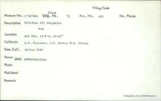 Documentation associated with Hearst Museum object titled Faunal remains, accession number 1-147494, described as Polished rib fragments.