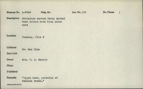 Documentation associated with Hearst Museum object titled Figurine, accession number 4-7039, described as Carving: Animal: Inl.