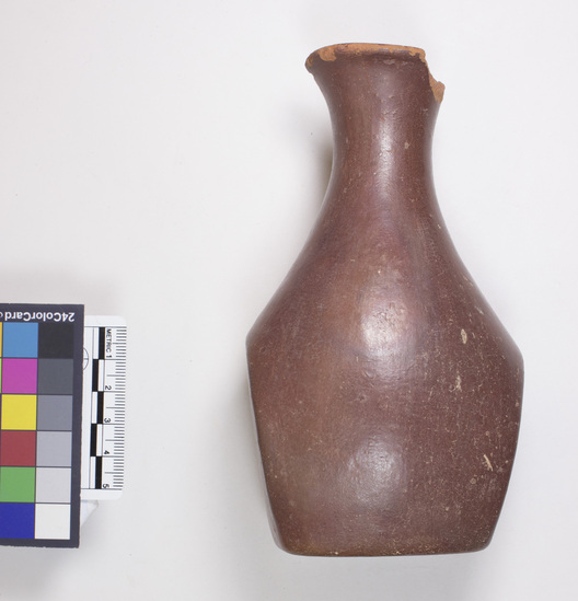 Hearst Museum object 2 of 12 titled Broken bottle, accession number 6-3214, described as Pottery: red bottle flat bottom two flat sides slender neck broken gd 8 cm, height 15 cm