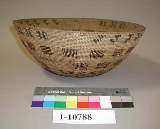 Hearst Museum object titled Bowl basket, accession number 1-10788, described as Bowl basket; coiled. Warp is Epicampes (Sporobolus rigens), weft is Sedge (Carex). Red pattern is Redbud (Cercis occidentalis). Black pattern is Brake fern (Pteris quilina). With rectangular and triangular designs in black and red.