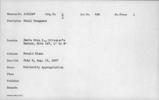 Documentation associated with Hearst Museum object titled Shell fragment, accession number 1-31147, described as Shell fragment