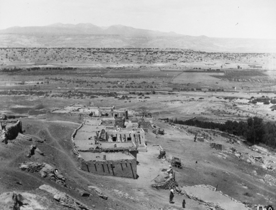 Hearst Museum object titled Black-and-white negative, accession number 15-160, described as View looking down on houses of Acomita, nearly same view as 15-156 and 15-159.