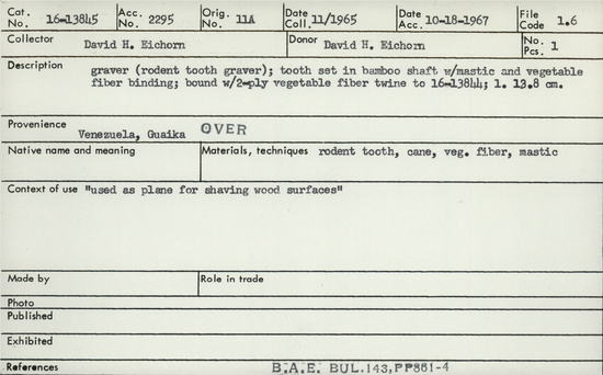 Documentation associated with Hearst Museum object titled Wood instrument + 1teeth, accession number 16-13845, no description available.