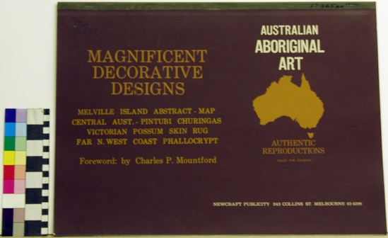 Hearst Museum object titled Silkscreen, accession number 17-565a-e, described as Melville Island map (bark painting), churingas, Victorial possum skin rug, far N. West Coast phallocrypt.