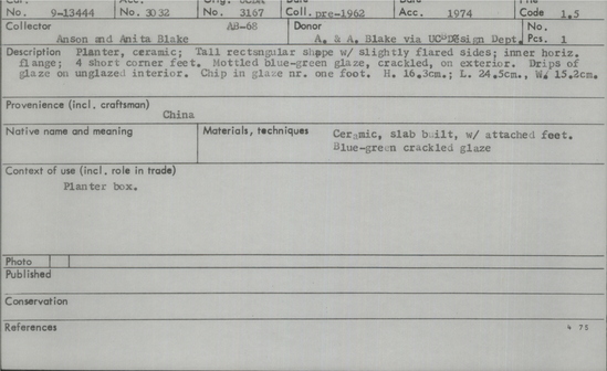 Documentation associated with Hearst Museum object titled Vase, accession number 9-13444, described as Planter, ceramic; Tall rectangular shape with slightly flared sides; inner horizontal flange; four short corner feet.  Mottled blue-green glaze, crackled on exterior.  Drips of glaze on unglazed interior.  Chip in glaze near one foot.  H. 16.3 cm; L. 24.5 cm, W. 15.2 cm Ceramic, slab-built, with attached feet, blue-green crackled glaze.