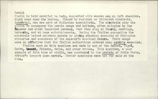 Documentation associated with Hearst Museum object titled Masenk’o (violin), accession number 5-4691a, described as (a) single string violin (masenk'o): made of wood, goatskin & horse tail hairs; Length 66 cm. (b) bow; wood with horse or cattle-tail bowstrings. Length 33 cm. Used by male minstrel to accompany his songs see acc. envelope for additional information. Collected 10/65.