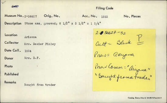 Documentation associated with Hearst Museum object titled Axe, accession number 2-36627, described as Grooved stone axe