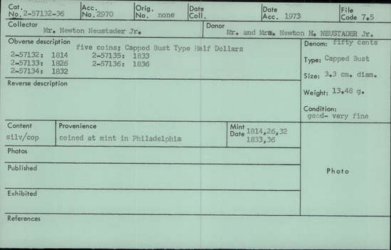 Documentation associated with Hearst Museum object titled Coin: silver 50 cent, accession number 2-57136, described as Capped Bust half dollar, 1836. Minted in Philadelphia.  Lettering on edge. Obverse:  ************* (date) - Draped, capped bust facing left Reverse: UNITED STATES OF AMERICA / E PLURIBUS UNIUM / 50 C. - eagle, wings spread, head facing left, shield on breast, holding arrows and branch, motto on scroll above.  Weight: 13.48 g. Size: 3.3 cm. diameter.  Condition: good, very fine Content: silver/copper.