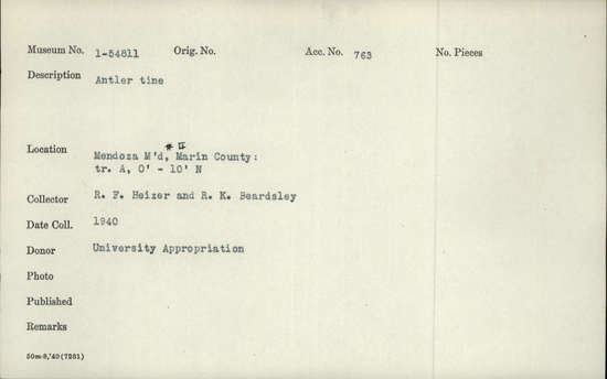 Documentation associated with Hearst Museum object titled Antler tine, accession number 1-54811, described as Antler tine.