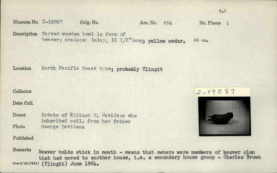 Documentation associated with Hearst Museum object titled Bowl, accession number 2-19087, described as Carved, wooden, in form of beaver, abalone inlay, yellow cedar.