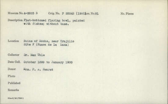 Documentation associated with Hearst Museum object titled Bowl fragments, accession number 4-2825b, described as Flat-bottomed flaring bowl, painted with fishes; without base
